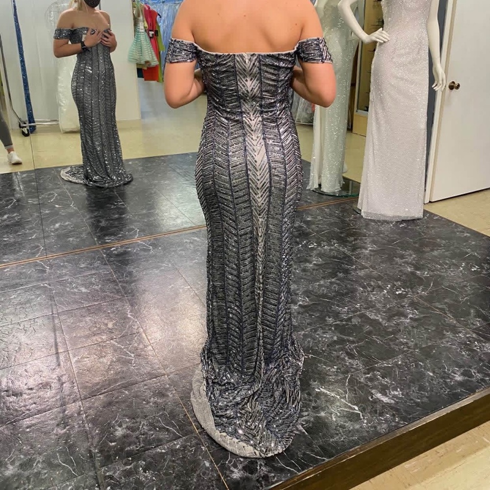 Off-Shoulder Black and Silver Sequin Evening Gown - image 2